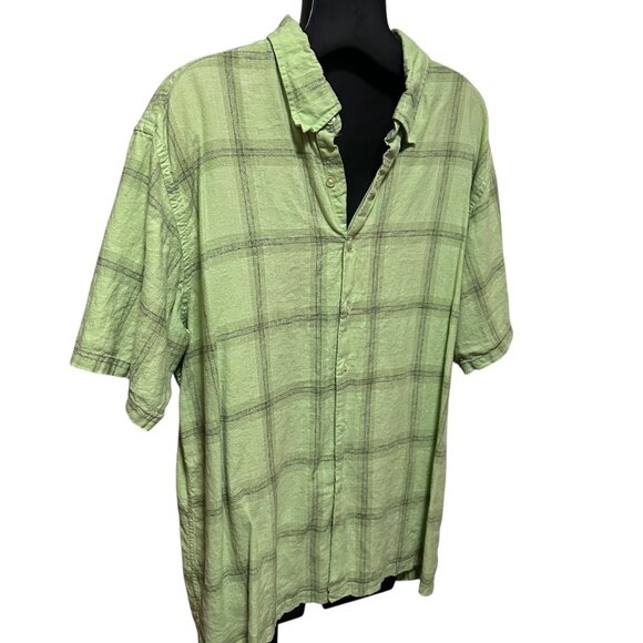 Van Heusen Studio Men’s XXL Shirt Green Black Plaid Linen Button-Up Short Sleeve - Picture 2 of 8